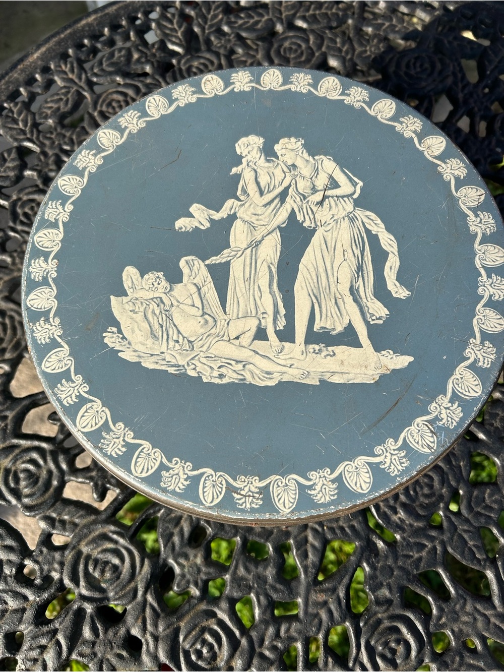 Vintage Blue Decorative Tin with Neoclassical Relief